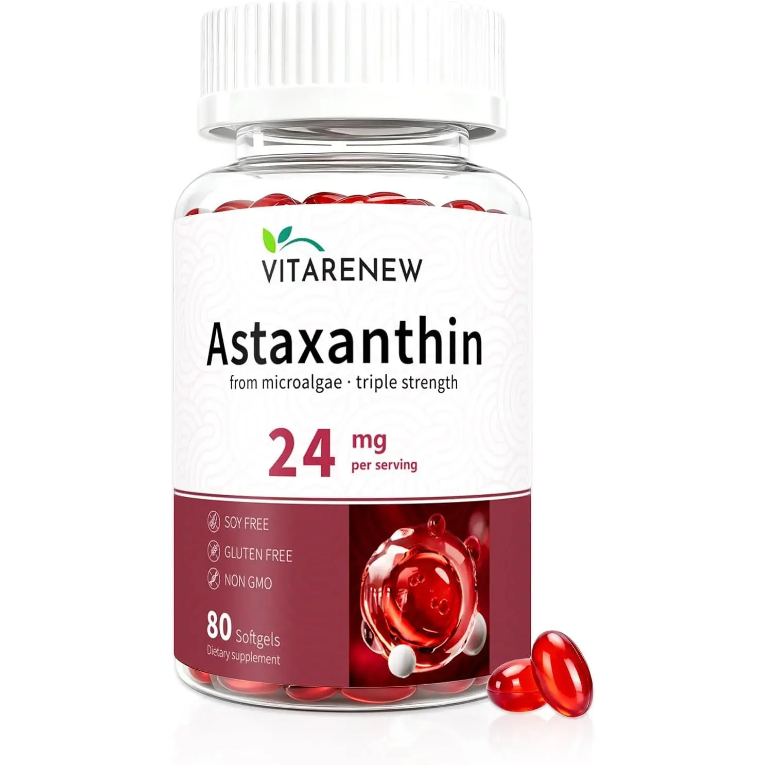 High Absorption Astaxanthin 24mg Complex Softgels, with Phosphatidylcholine, Lutein & Vitamin E, Supports Eye Health, Skin Radiance, Joint Comfort & Cognitive Function, Non-GMO, 80 Softgels