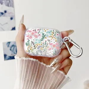 Floral Whimsy Dream Pattern TPU Soft Protective Case for Apple AirPods 4/3/2/1/Pro/Pro2 Transparent Earphone Cover with Keychain Attachment