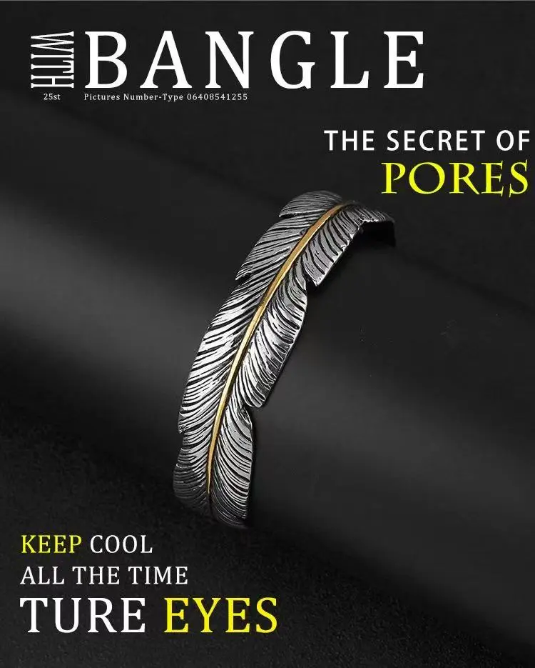 Men's retro feather bracelet, with open, fashionable.creative, adjustable bracelet, gift for men Bangle