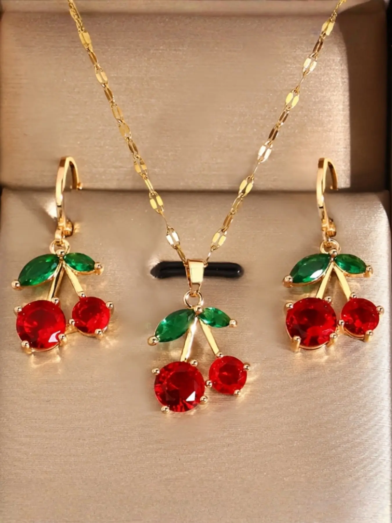 Cute Style Necklace Earrings Set, Elegant Cherry Design, Luxury Fashion Jewelry Accessories, Perfect for Gifts, Parties, Holidays, Fashionable Jewelry Set