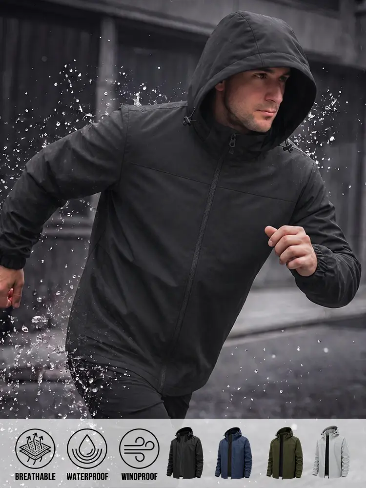 Practical Men Hooded Sports Windbreaker Jacket, Waterproof Windproof Breathable Outerwear, Drawstring‑Tunable Hood, Full‑Zip Closure, Elastic Cuffs for Outdoor Running Cycling and Daily Commuting