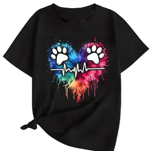 Dog Paw Print Heartbeat Cotton T-Shirt | Rainbow Tie Dye Pet Lover Tee, Dog Mom Graphic Shirt, Paw Print Aesthetic Top,summerwins