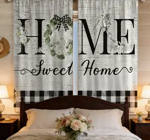 HarleyLand 2pcs 2D Flat Printing: Simple Gray-black, Black-and-white Checkered, Letter Print, Warm Kitchen Window, Polyester Fiber Material, Translucent Machine-washable Curtain Fabric for Kitchen Decor.
