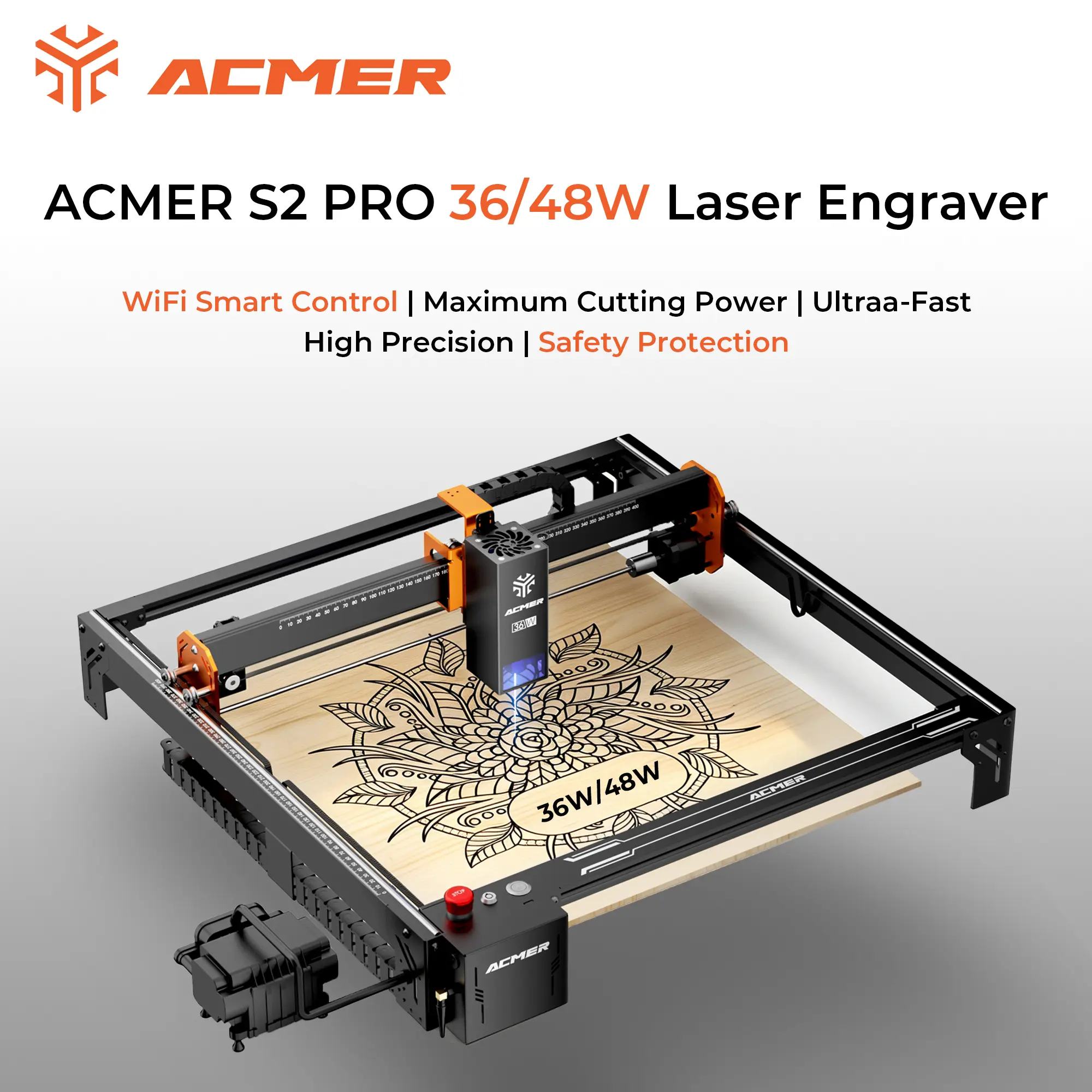 ACMER S2 Pro 36W/48W Laser Engraver & Cutter for DIY Creators, 36W/48W Power, WiFi Smart Control, 400×400mm Working Area, High Precision, Air Assist, Safety Protection, Emergency Stop Button