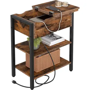 End Table with Charging Station, Narrow Side Table, Flip Top Nightstand with USB Ports and Outlets, Bedside Tables with Shelf for Small Spaces, Living Room, Rustic Brown