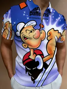 Cartoon Nautical Theme Short Sleeve Polo Shirt, Men's Casual Printed Lapel Top, Summer Beach Fashion Apparel