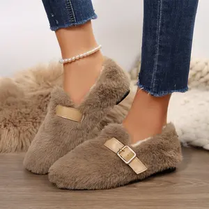 Cozy Plush Lined Loafers for Women Metal Buckle Detail Warm Slippers Casual Indoor Outdoor Shoes
