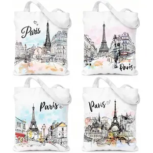 Paris Gifts Tote Bag - 4 Pcs Paris Souvenirs from France Reusable Grocery Handbag Work Shopping Travel Accessories Appreciation Graduation Birthday Gift for Women Men Friends Wife Daughter