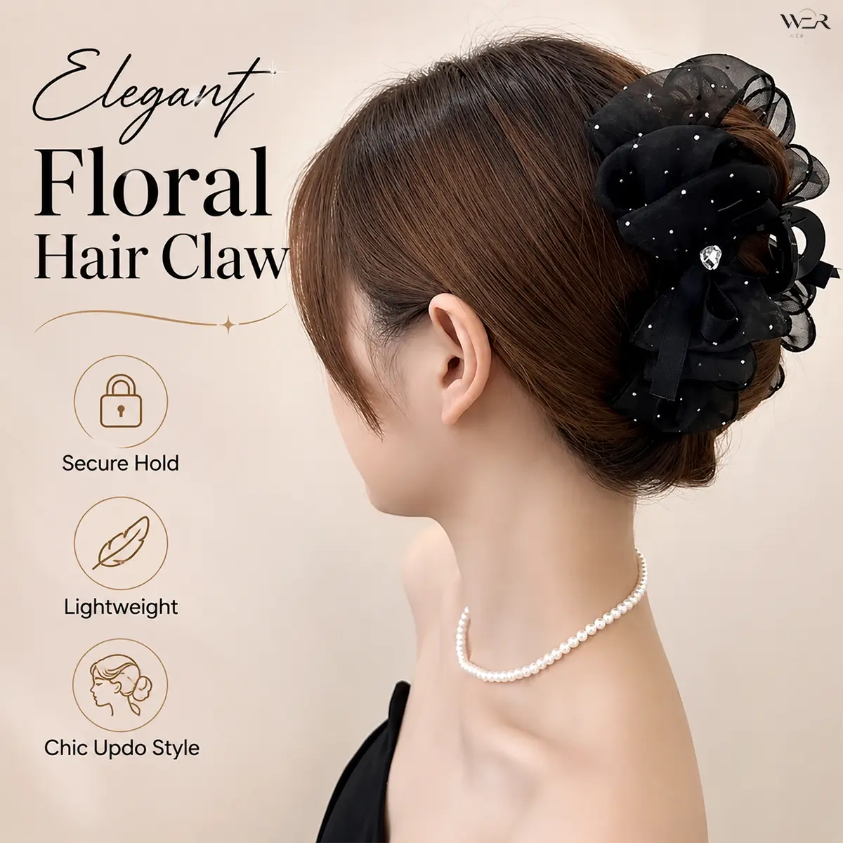 Glamorous Organza Fabric Hair Claw Clip for Women - Black Pearl, Crystal Element, Bead and Rhinestone Accents, Lightweight, Comfortable, Chic Updo Accessory for Daily Wear or Special Occasions, Bead And Rhinestone Hair Claws, Crystal Element Hair Claws