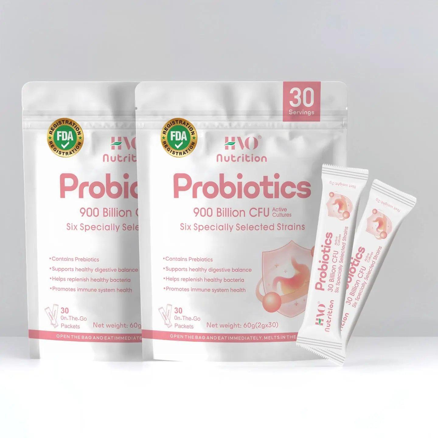 HVO Probiotic + Prebiotic Dietary Healthcare Supplement Powder - 900B CFU, 6-Strain Formula for Gut Health, Bloating Relief, Immune Support