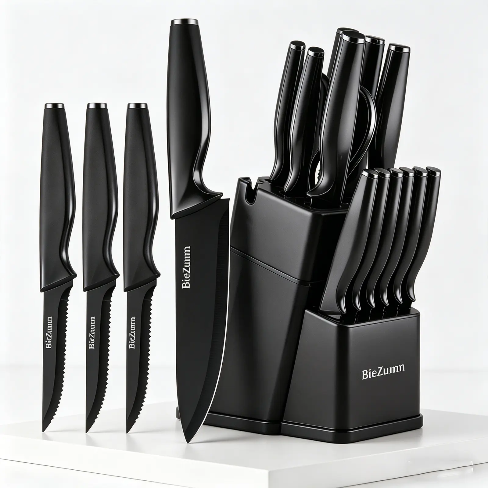 Complete black kitchen knife set, 15-piece/3-piece set, includes cutting board and chopping board, sharp non-stick blades, ergonomic handle knife for cooking, all-in-one kitchen knife set. Block, Knives, Chef’s Knives