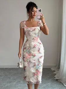 Elegant Women's Floral Print Ruffle Dress, Formal Dresses Women, Medium-Length Mesh Overlay, Perfect for Weddings, Parties, Dates, Romantic Occasions