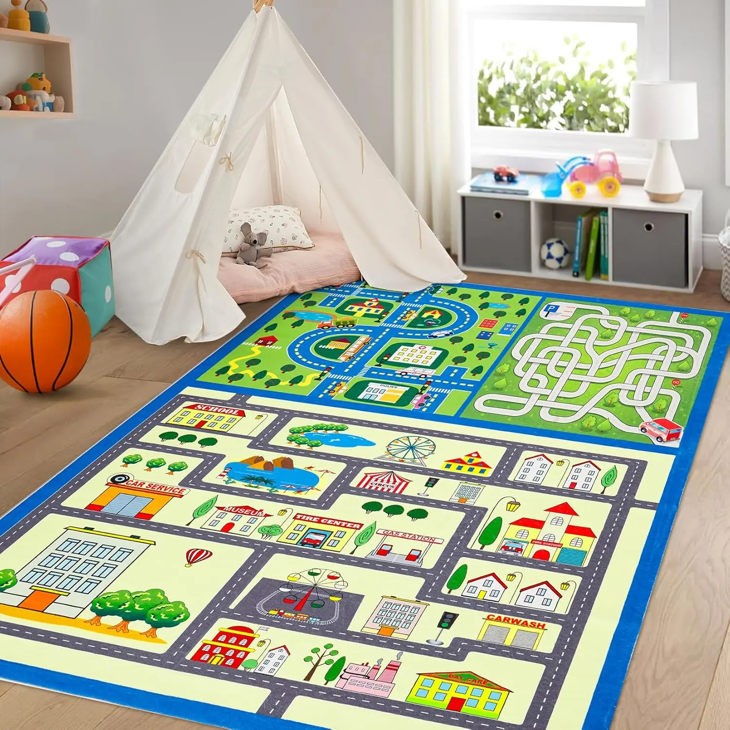 Machine Washable Playmat - Washable & Tough Non-Slip Stain-Resistant Activity Play Mat, Forest Animals/City Map Print Nursery Development Mat for Playrooms, Kindergarten Bedroom, Indoor Use