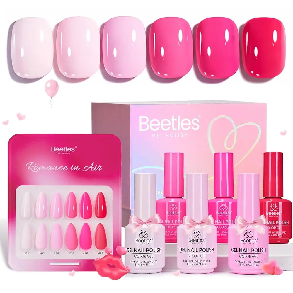 Beetles Valentine Gel Nail Polish Set -  Pink Glitter Cat Eye Gel Polish with Heart-Shaped Glow Magnet Base Top Coat Soak Off UV Manicure Gift for Women Easter Nail Spring Floral Nails Vacation Nails  Graduation Nails newyearnewme valentinesday