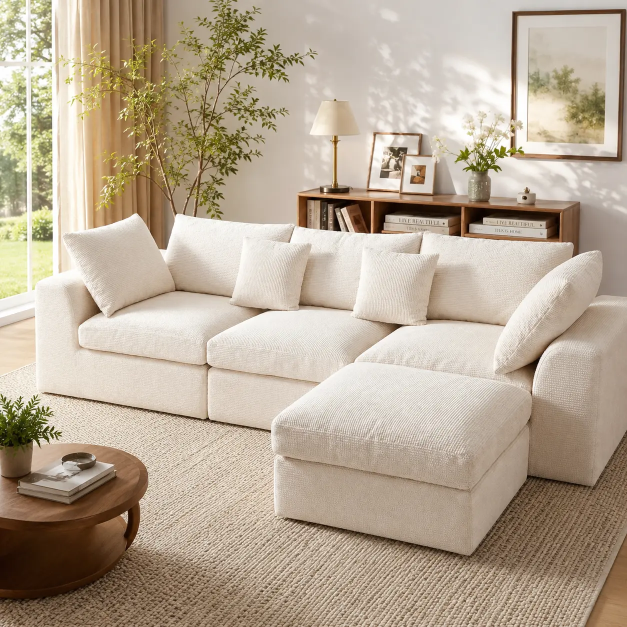 Cloud Sectional Sofa with Ottoman - Modular Deep Seat L-Shaped Customizable Sectional Couch, Modern Convertible Sofas for Living Room, 2/4/7-Seater Options in Beige & Dark Gray