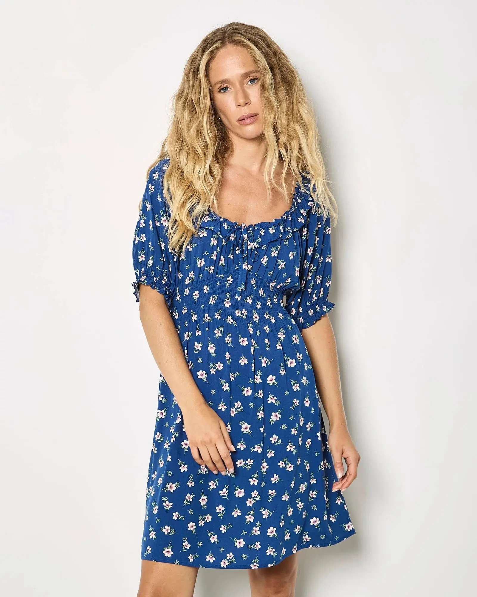 Women's Floral Milkmaid Mini Dress, Soft Breathable Viscose Shortsleeve with Frill Detail for Casual Wear, Fit, Scoop Neck, Feel-Good, Puff Sleeve