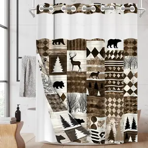 1pc hookless shower curtain with buckle lining, brown and white animal and forest geometric patchwork design, 2D flat printing, fabric waterproof lining, see-through double-layer shower curtain, 71 x 74 inches, modern home draping curtain.