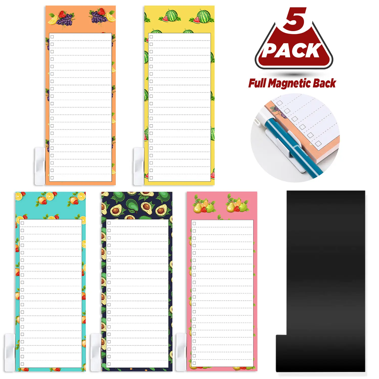 5 Pack Bigger Full Magnetic Back To Do List Notepads for Fridge with Pen Holder, House Chores, Grocery Shopping and Reminders, Realistic Fruit Designs, 9" x 3.5", 50 Sheets Each, Magnet Memo Pad
