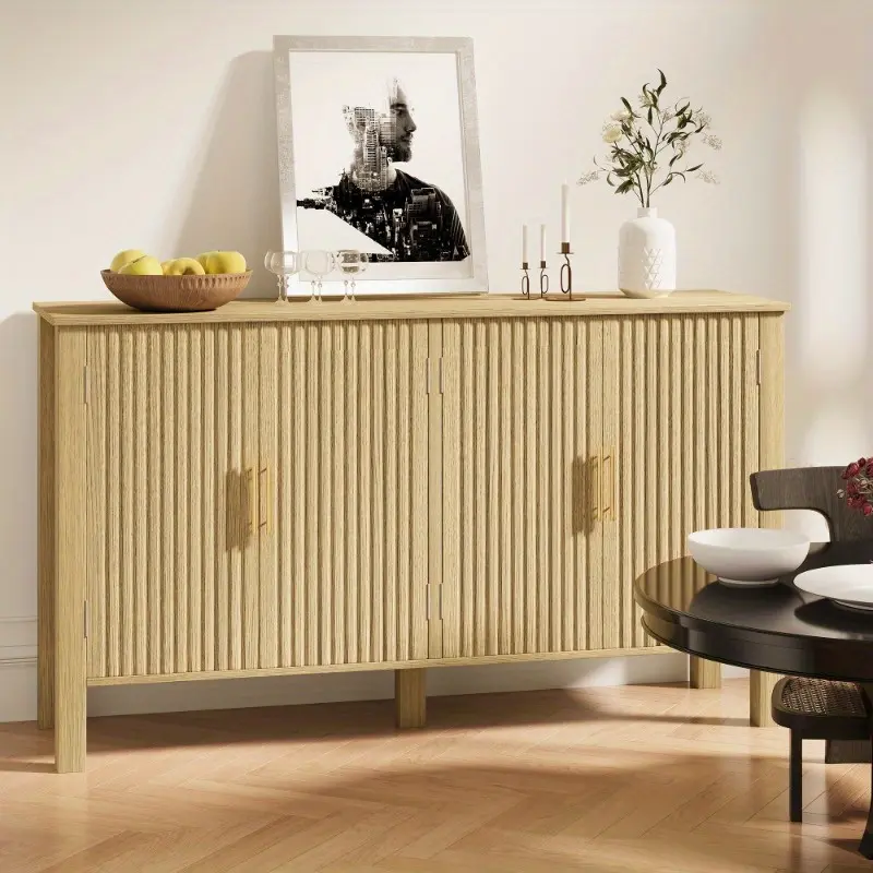 Modern Fluted Sideboard Buffet Cabinet, Solid Wood Credenza with Storage & Adjustable Shelves, Console Table for Dining Room, Living Room, Entryway
