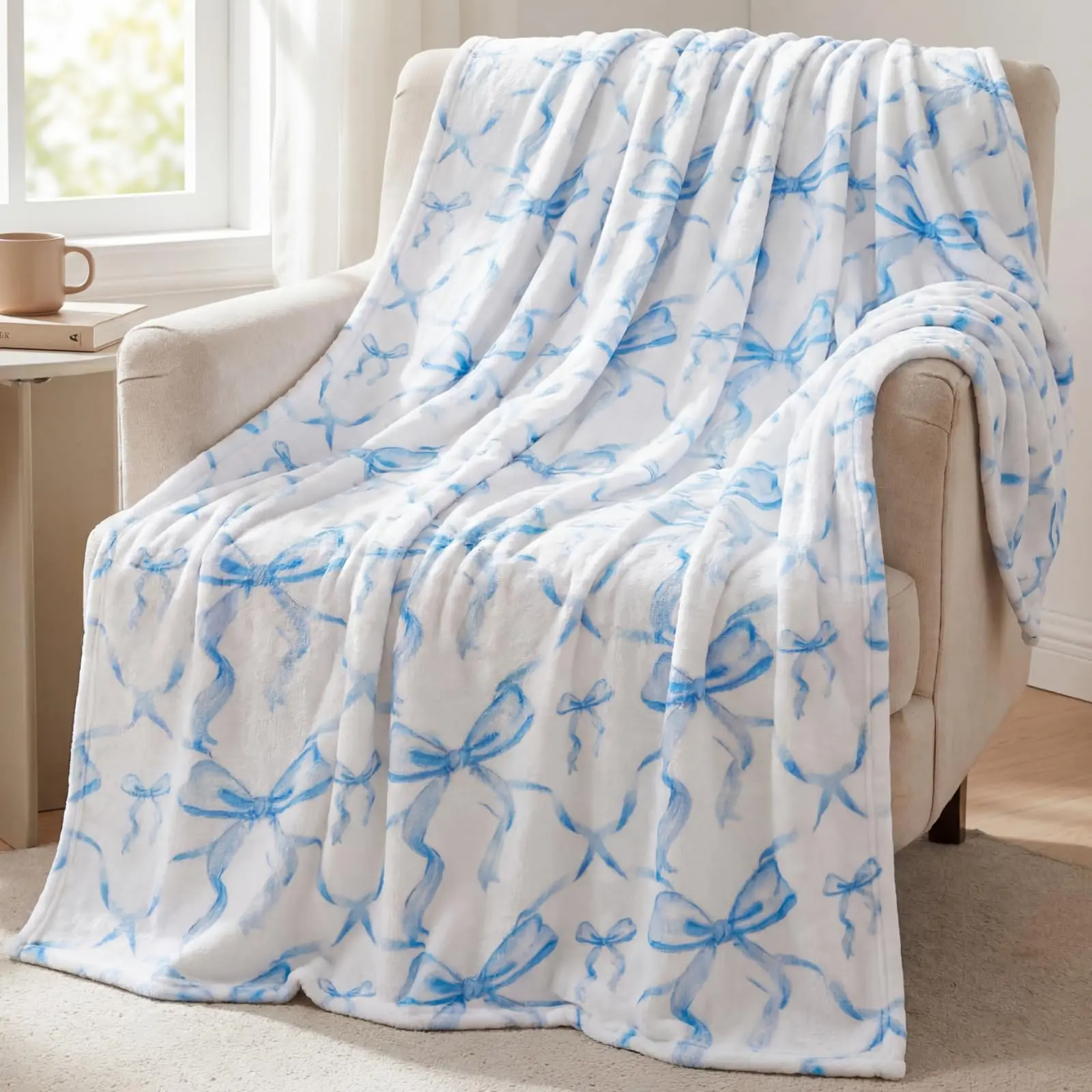 Blue Bow Throw Blanket: Back-to-School Gifts, Preppy Blanket, Coquette, Flannel, Soft, Cute Bow, Lightweight, Aesthetic Room Decor for Women and Friends-Perfect for Sofas, Couches, Travel, and Beds, Cute Bow Print, Home & Travel