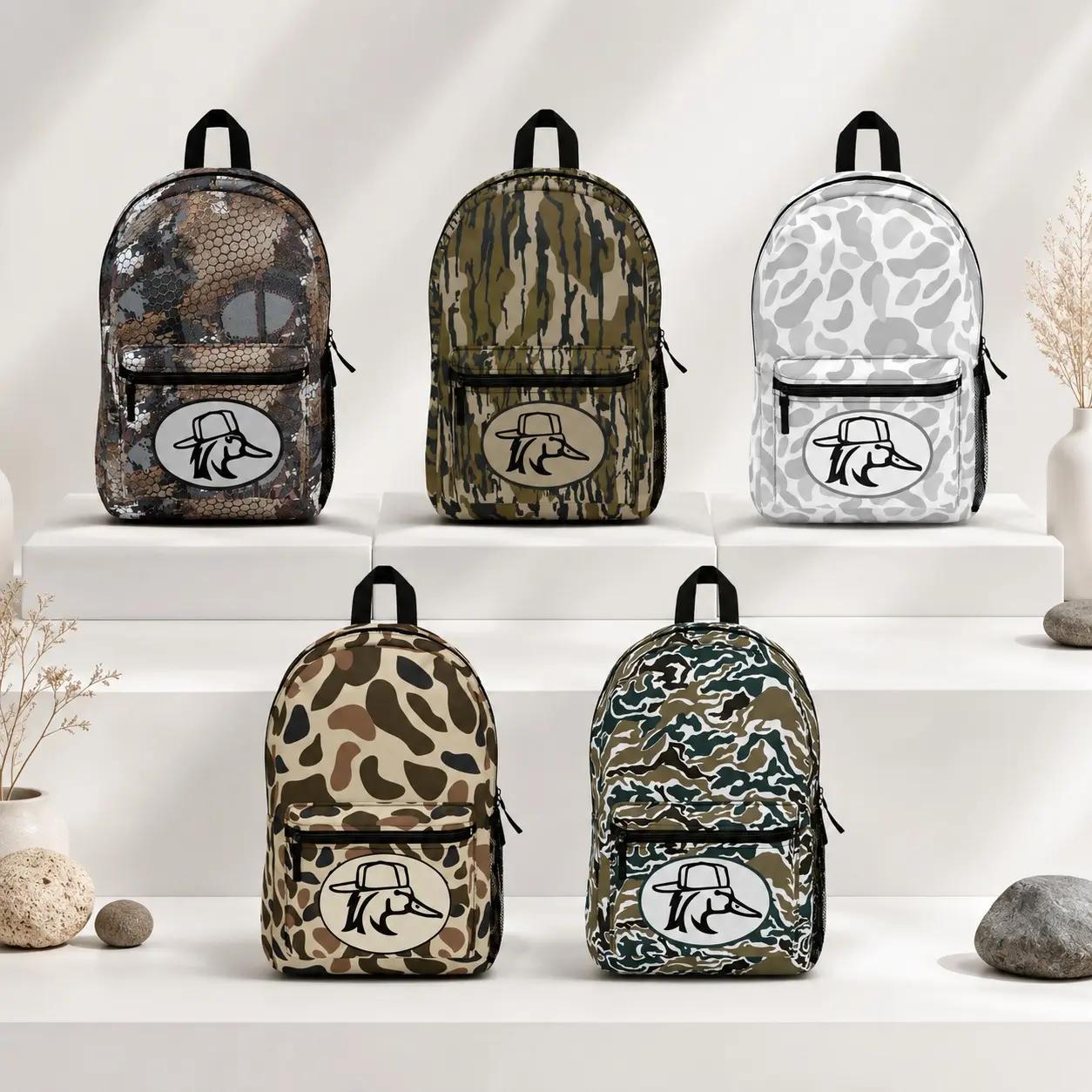 Duck With Backwards Hat Camo Backpack, Hunting Camo Bookbag, Duck Hunter School Backpack, Outdoor Travel Bag, Fishing Camping Daypack, Country Life Backpack