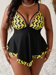 Plus Size Geometric Cut-Out Tankini - Beach Vacation Summer Swimsuit