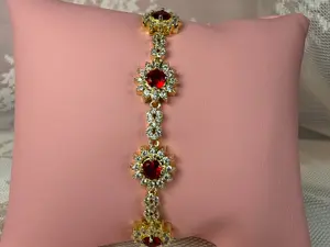 14K Gold Plated 7" Women's Bracelet with red gems and infinity links