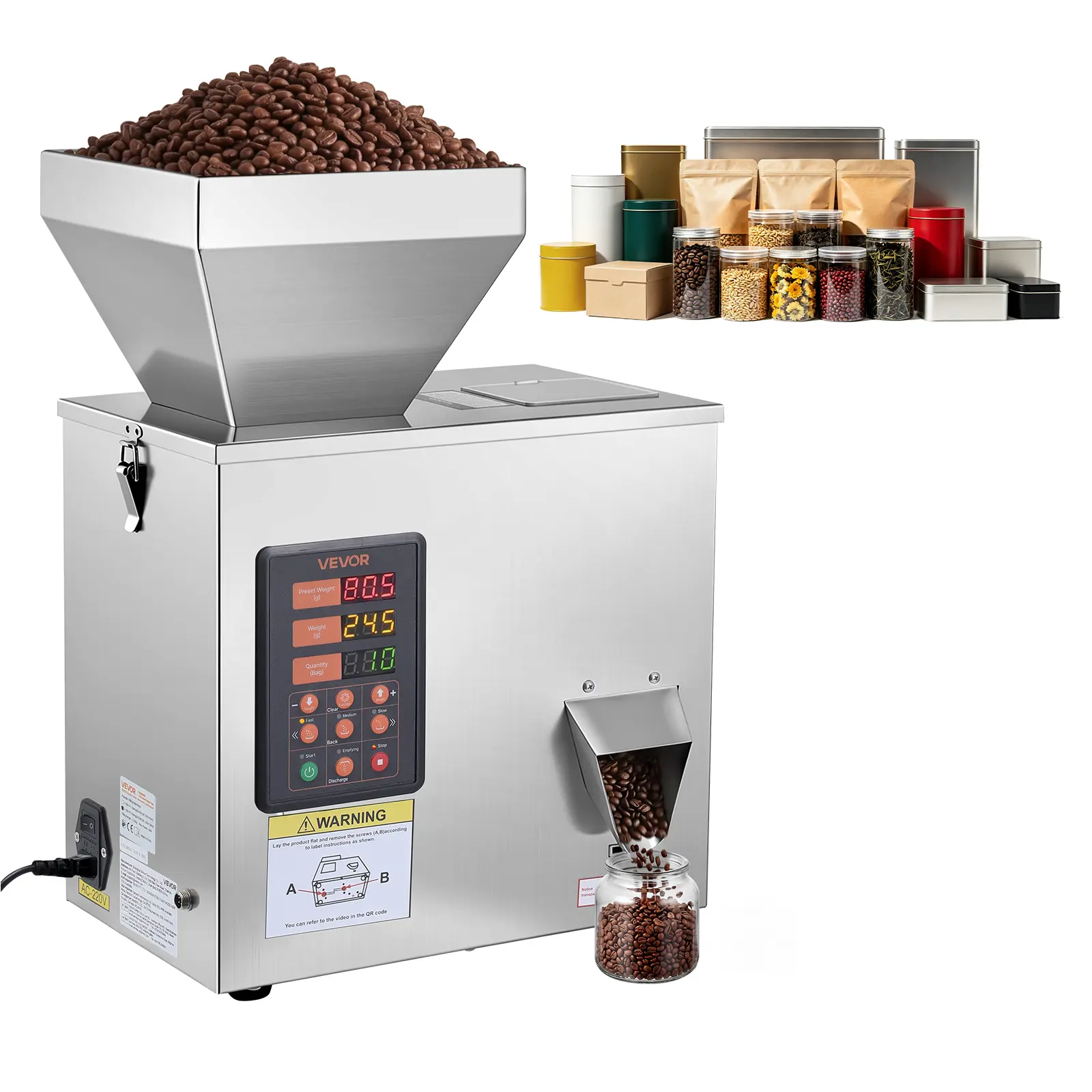 VEVOR Automatic Powder Filling Machine, 1-99.9g (0.002-0.22lbs) High Accuracy Intelligent Weighing Dispenser, Stainless Steel with Adjustable Baffle, Hopper & Infrared Sensor, Easy Filling for Coffee Beans, Grains, Tea, Spices