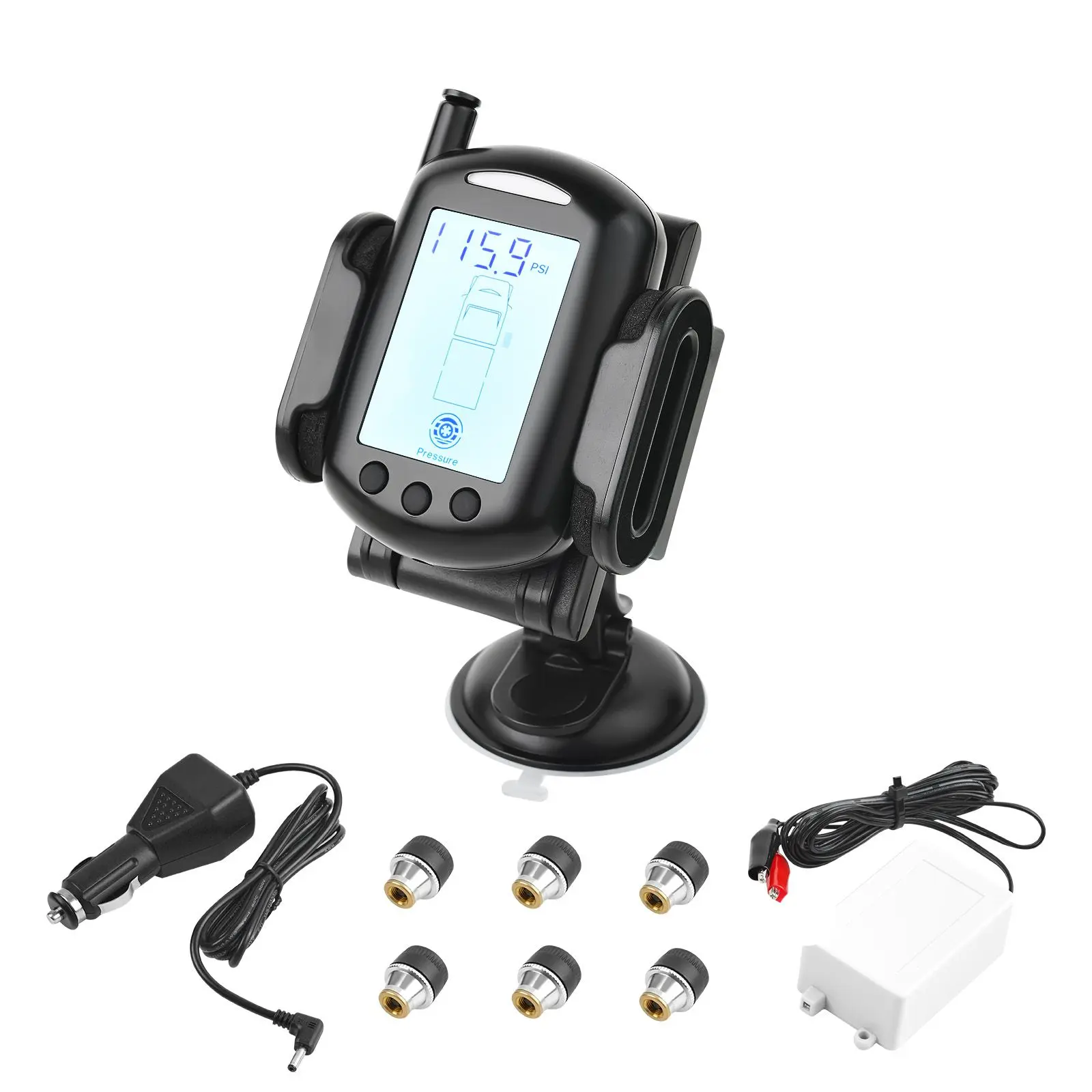 RV Tire Pressure Monitoring System (TPMS) with 6 Waterproof Sensors, Brass Valve Stems, Rechargeable Battery, 0-199 PSI, Real-Time Display, 7 Alarm Modes, Corrosion-Resistant, DC Power Mode, Easy-Install Universal Monitor for Camper, Motorhome, Power Supp