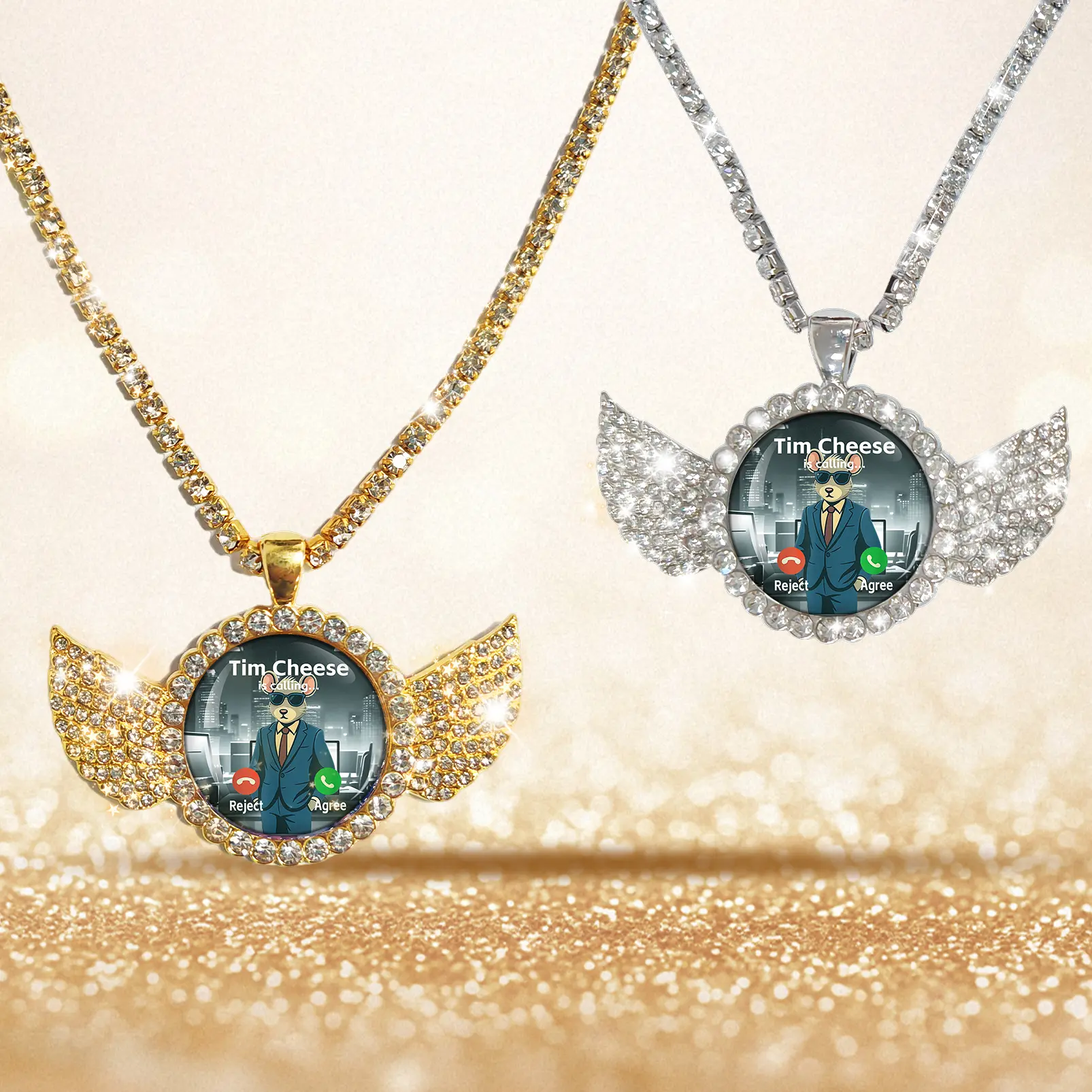 Tim Cheese is Calling Graphic Funny Mouse Necklace, 14K Gold Plated Simulated Gem Tennis Chain, Fun Homage Funny Accessories for Tim cheese, Casual Wear & Gift, Ideal for Womens Gifts.