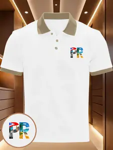 Pr Theme Letter Design Geometric Print Polo Shirt, Casual Slim-Fit Short Sleeve, Men's Business Leisure Top, Perfect for Daily Wear