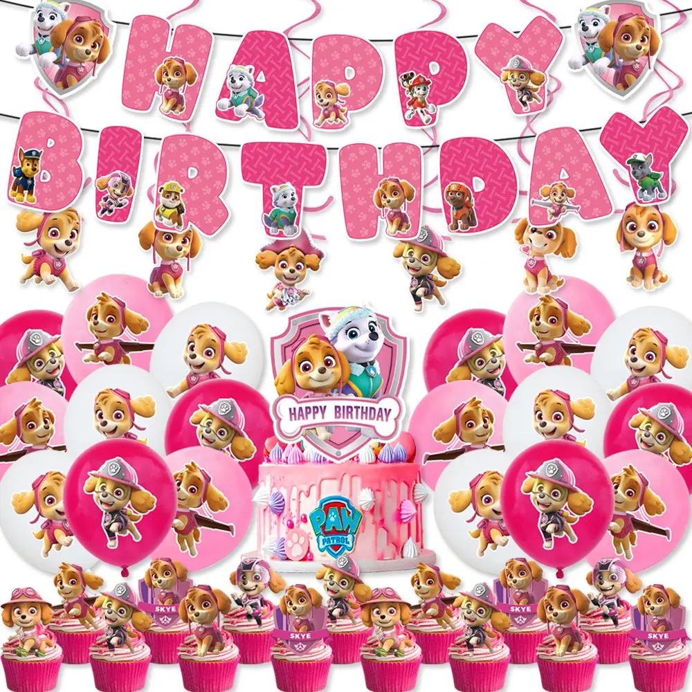Paw Patrol Kids' Cartoon Theme Happy Birthday Decoration Set - Festive Home Supplies Gift Kit with Character Pennant Flags, Balloons, Cake Toppers, Complete Card Set, Cups, Gifts for Party Celebrations, Set A