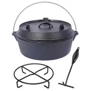 Pre-Seasoned Cast Iron Dutch Oven With Skillet Lid, 8 Quart Outdoor Camping Deep Pot for Camping Fireplace Cooking BBQ Baking Campfire, With Iron Pot Rack Camp Stove