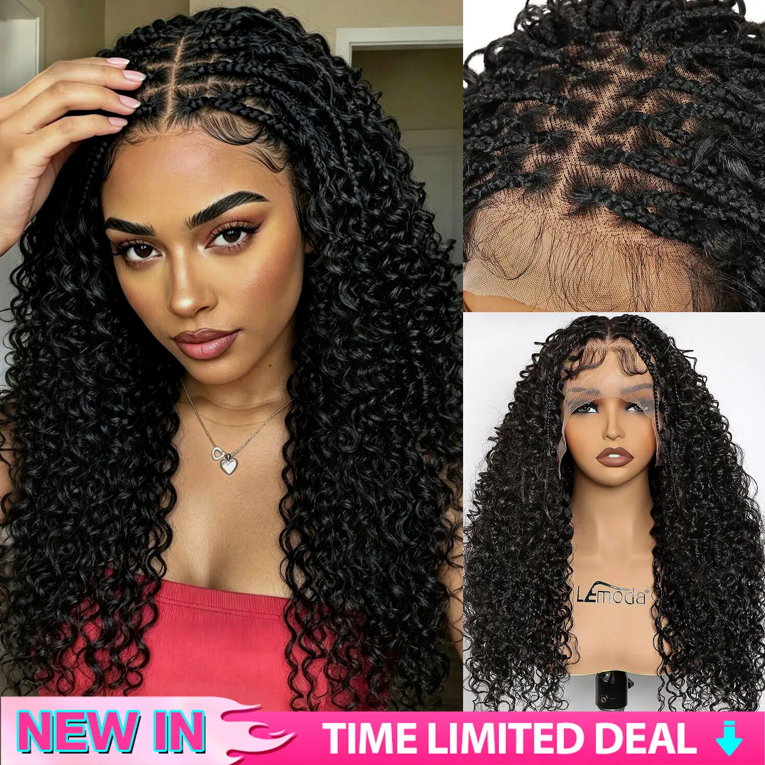 【New In】Lemoda Pre Braided Water Wave 220% Density 13x6 Lace Frontal Human Hair Boho Box Braids Wigs Baby Hair Braided Wigs for Black Women