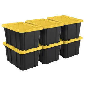 Large Storage Bin, 27 Gallon Durable Plastic Storage Tote with Snap-On Lid, Black and Yellow, 6 Pack