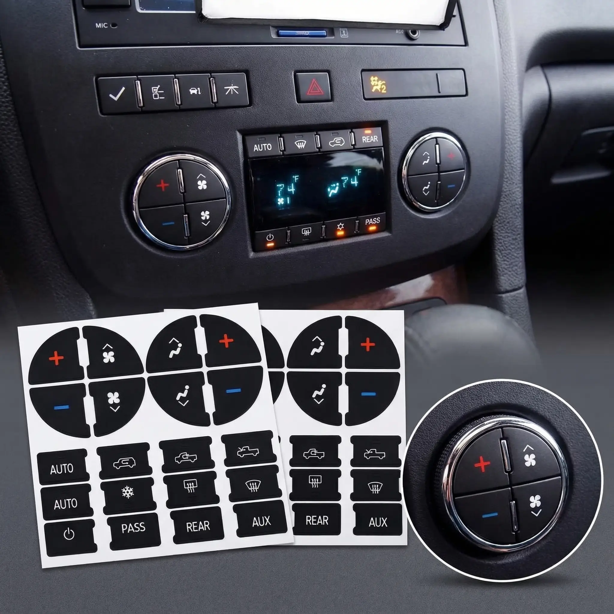 2-Pack AC Dash Button Repair Kit with Interior Vinyl Decal Sticker, Fixes Faded Ruined A/C Control Buttons, Fits 07-14 GM Chevy Car SUV Truck Van Accessories