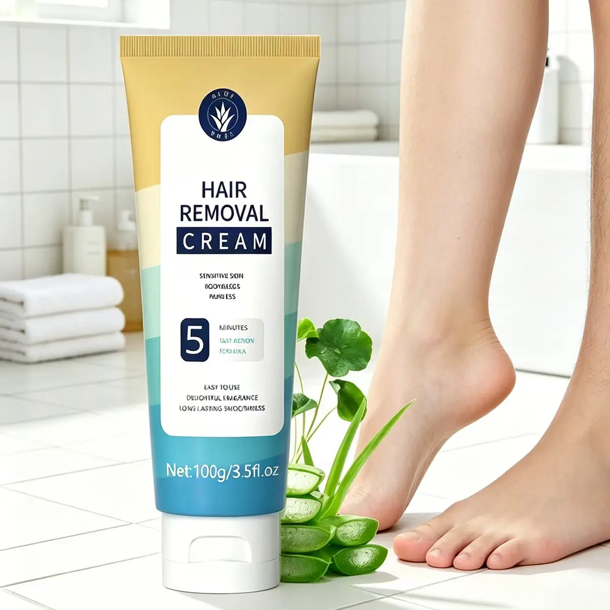 Gentle Hair Removal Cream for Sensitive Skin with Aloe Vera, Vitamin E & Olive Oil, 8-Minute Painless Depilation for Root Removal, Body Care for Men & Women, Daily