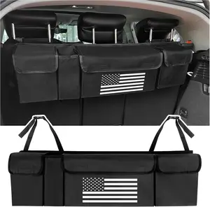 Flag Day Special: Large Capacity Car Trunk Organizer - Foldable Hanging Storage with Patriotic US Flag Design | Space-Saving Car Interior Accessories, Heavy Duty - Black