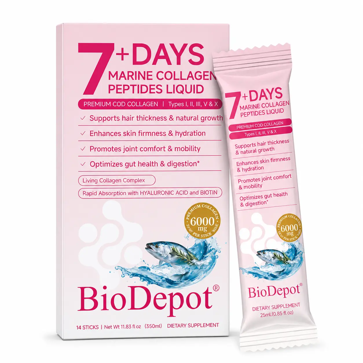 BioDepot 7+ Days Marine Collagen Peptides Liquid | 6000mg Cod Collagen per Stick with Hyaluronic Acid & Biotin | Supports Healthy Hair, Skin & Nails | 14 Liquid Sticks