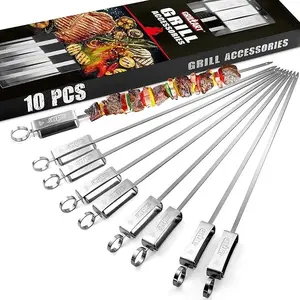 17" Stainless Steel Kabob Skewers 10PCS Flat BBQ Skewers with Slider Reusable Heavy Duty Metal Grill Sticks for Shish Kebab BBQ Camping Eco-Friendly Grill Life