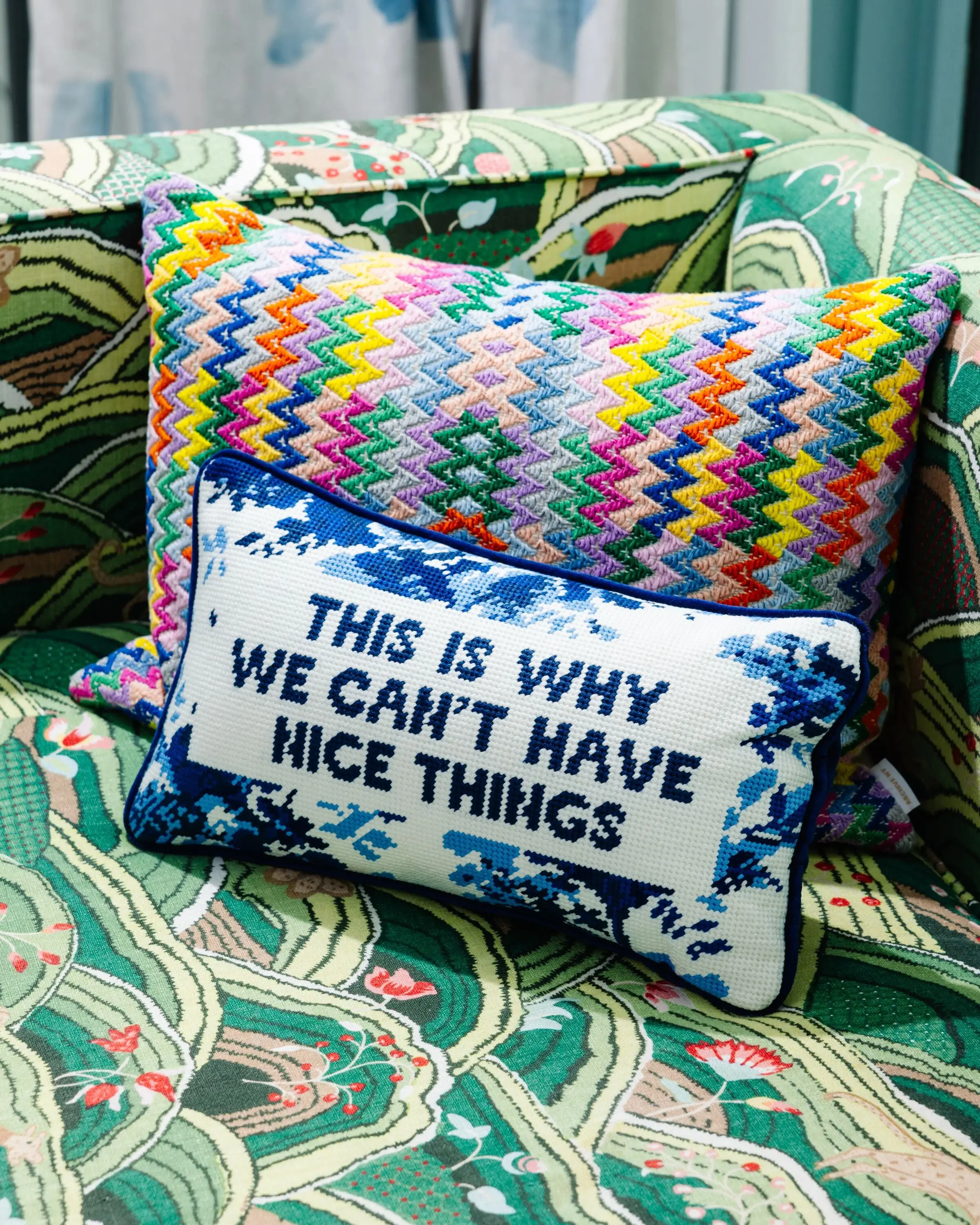 Embroidered Velvet Needlepoint Cushion - Small Size 8" x 14" Decor Accessory, Playful Print Soft Textile for Living Room Room Decor Pillows, Cushions