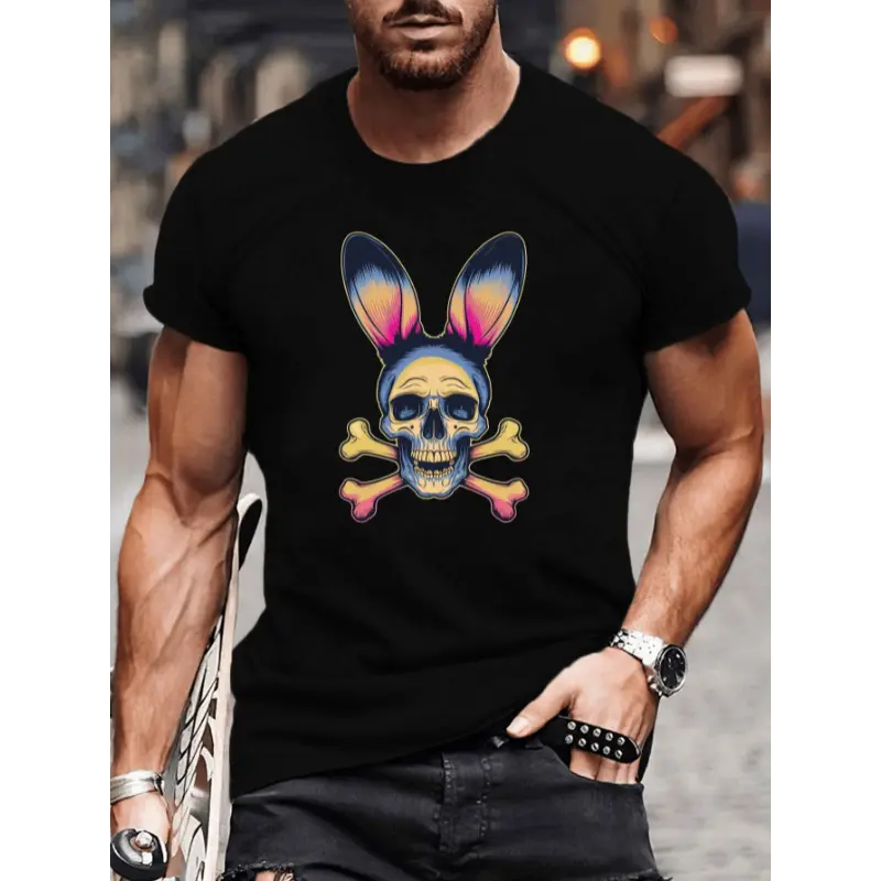 Men's Cotton Classic Short-Sleeve Round Neck Skull & Bunny Ears Graphic Tee, Relaxed-Fit Fabric Menswear Casual Top for Larger Men, Black Streetwear Sweat Tee, COD Eligible