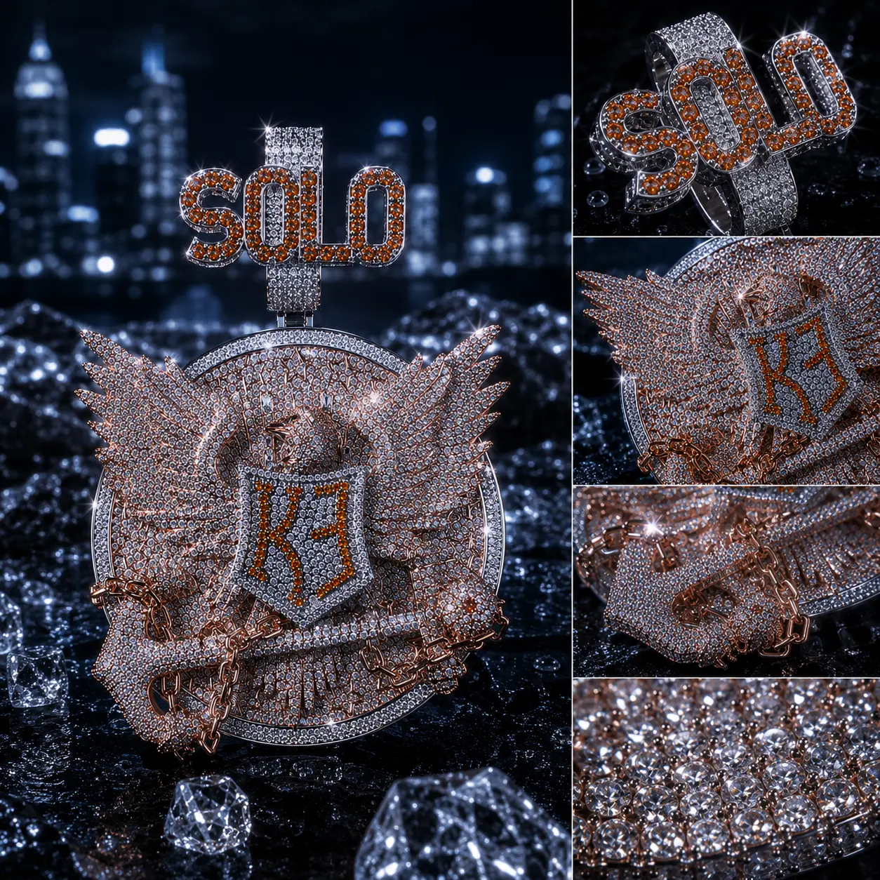 5381 Two Tone Silver & Rose Gold SOLO Wing Shield Pendant Full All Over Iced Stone Chain Detail Hip Hop Streetwear Jewelry