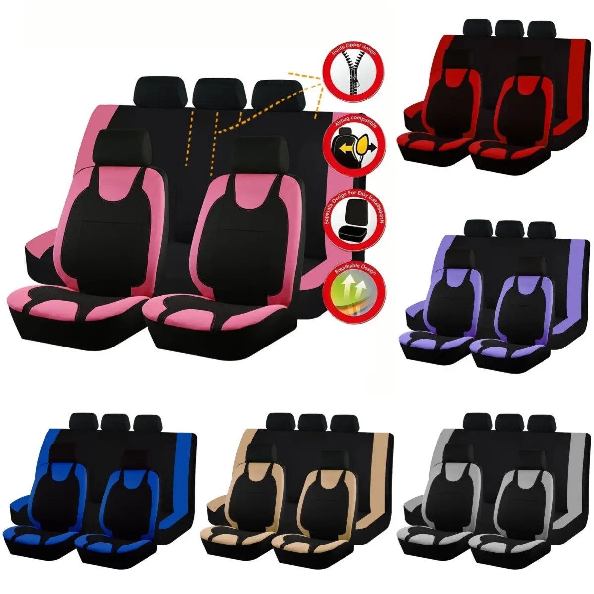 9PCS Car 5 Seat Covers Full Set, Front and Rear Split Bench Seat Covers With Three Zippers for Cars, Polyester Cushion Mat Pad Breathable Elastic Cloth Non-Slip Vehicle Interior Decoration Accessories Universal for Auto Car SUV Sedan - Father's Day Gift