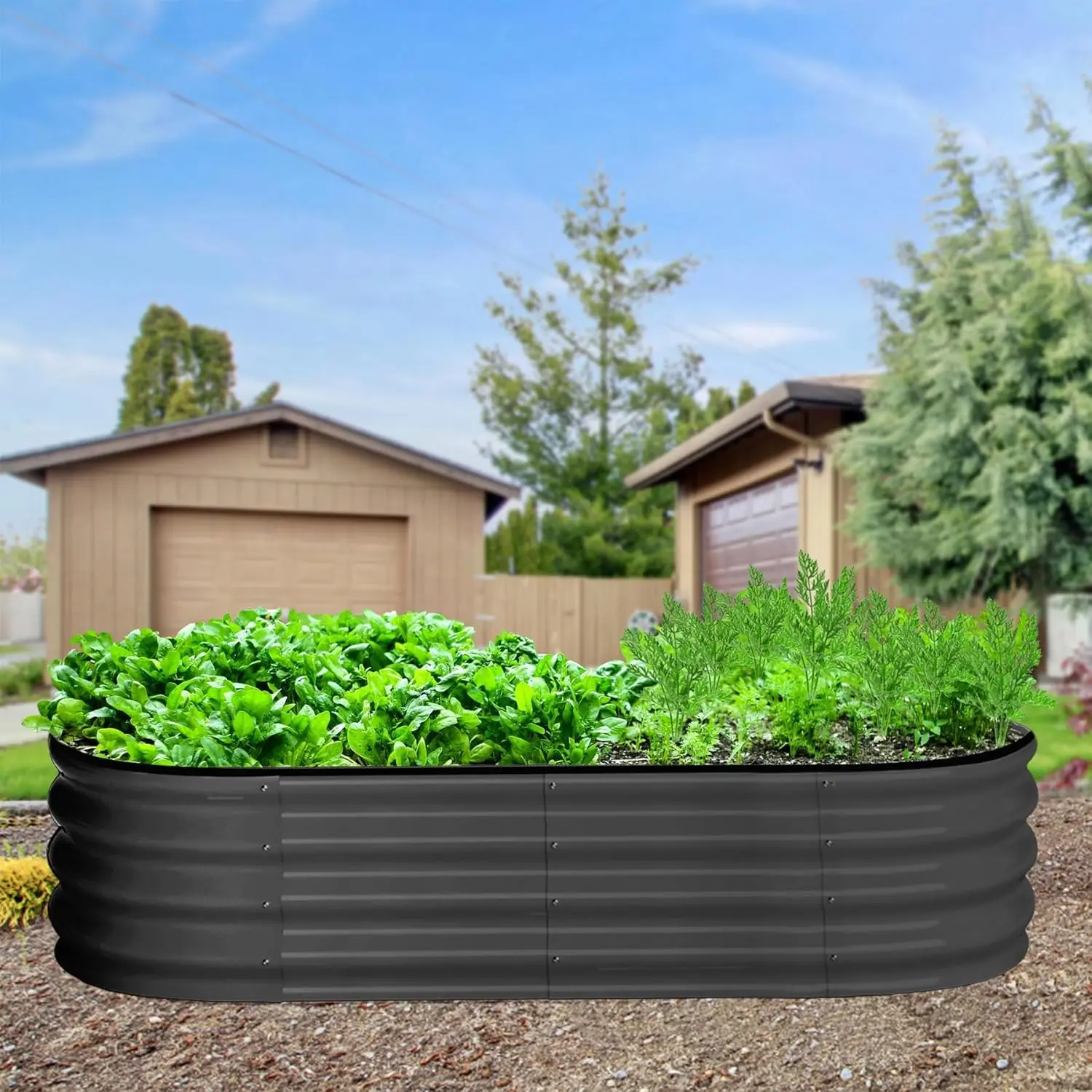 2 Pcs Gray Stackable Oval Galvanized Raised Garden Beds (4.5x2x1.5ft) - Tool-Free Assembly Metal Elevated Planting Boxes with Open Base, Planters for Outside for Vegetables, Flowers, Herbs - Outdoor Use, Stackable Pots