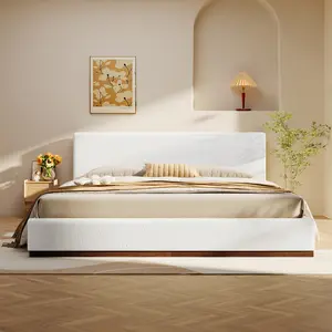 Elegant White Fabric Upholstered Bed With Nice Wood Grain Textured Solid Wood Base Frame,White,King