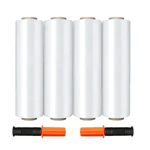 4 Pack Stretch Wrap Stretch Film Roll with Handles, 15 Inch x 1000 Feet Shrink Wrap for Industrial Strength, Plastic Wrap for Pallet Wrapping Shipping Moving, 60 Gauge