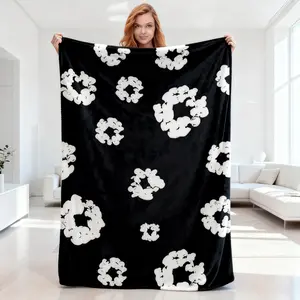 Luxury Cozy Black D-Denim Flannel Blanket with Unique White T-Tears Prints, Soft Plush All-Season Throw for Sofa, Bed, Modern Home Decoration,Perfect Birthday, Christmas, Halloween Gift rug