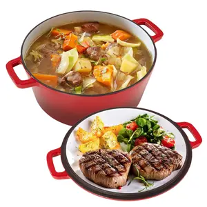 2-in-1 Cast Iron Dutch Oven Pot, Enameled Pots with Lid for Bread Baking, Cooking, Stewing, Heavy-Duty & Nonstick, Oven Safe up to 500° F, Dual Handles, Works on All Stovetops, Red