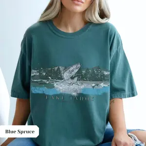 Vintage Lake Tahoe Fish Tee Comfort Colors Tshirt Oversized Lake Shirt Vacation Aesthetic Outdoor Lover Gift Distressed Graphic Tee